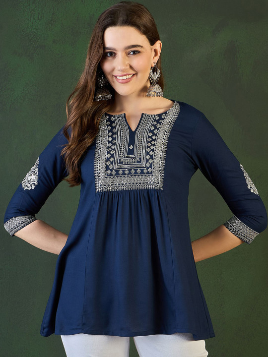 Women Ethnic Motifs Embroidered A-Line Short Kurti